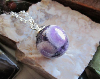 Purple Chevron Amethyst Natural Crystal Ball Pendant Necklace