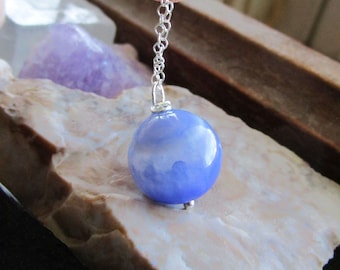 Blue Banded Agate Gemstone Crystal Ball Pendant Necklace
