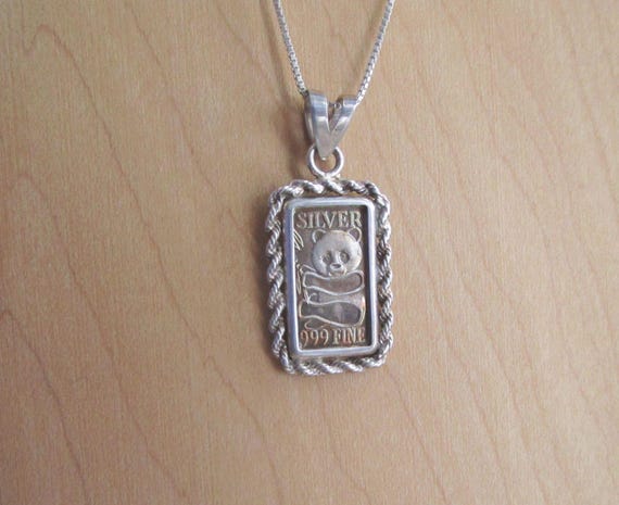 Solid .999 Silver Bar Panda Bear Pendant Necklace - image 4