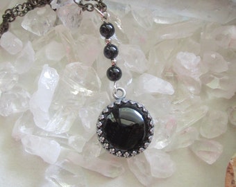 Black Onyx Natural Crystal with Black Obsidian Beads Pendant Necklace