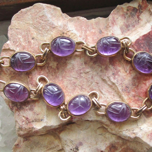 Amethyst Scarab Gemstone Vintage Egyptian Revival Gold Filled Bracelet