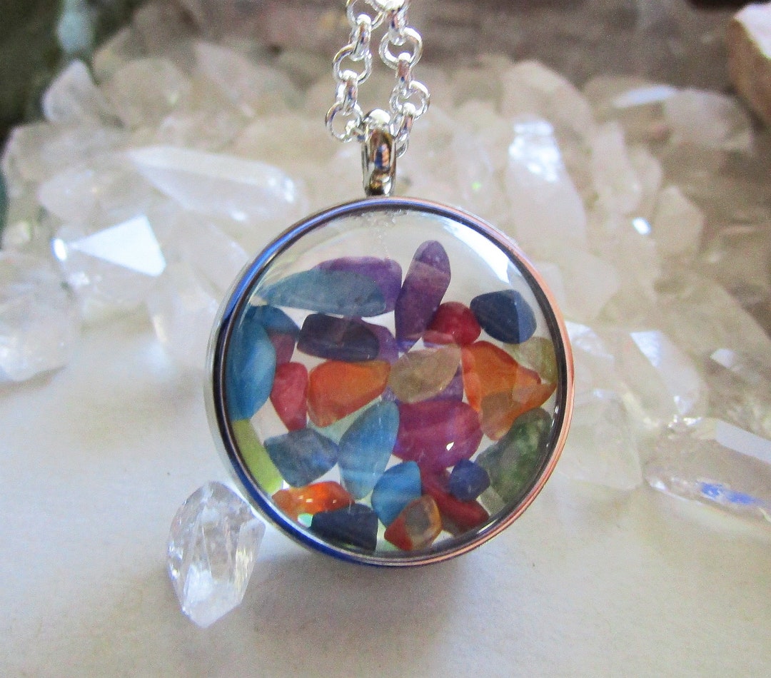 Rainbow Chakra Gemstone Crystals Double Sided Glass Bubble Locket ...