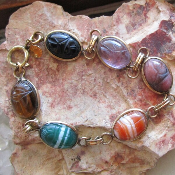 Scarab Gemstone Vintage Egyptian Revival Gold Filled Bracelet