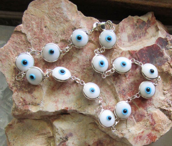 Vintage Sterling Silver Evil Eye Glass Bead Bracelet