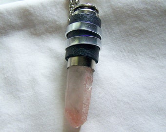 Leather Wrapped Large Red Hematite Quartz Crystal Bullet Jewelry Pendant