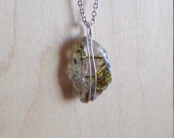 Natural Quartz with Green Epidote Inclusions Gemstone Pendant Necklace