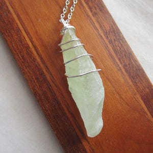 Natural Green Calcite Raw Gemstone Wire Wrapped Pendant Necklace