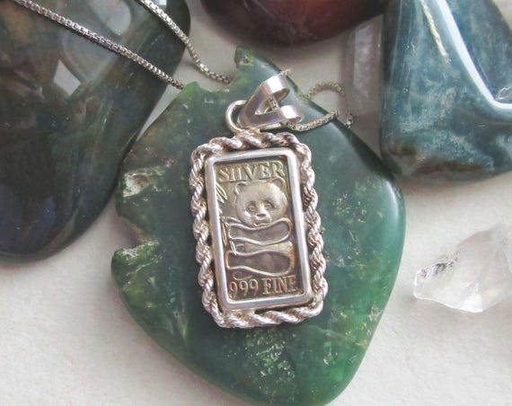 Solid .999 Silver Bar Panda Bear Pendant Necklace - image 6