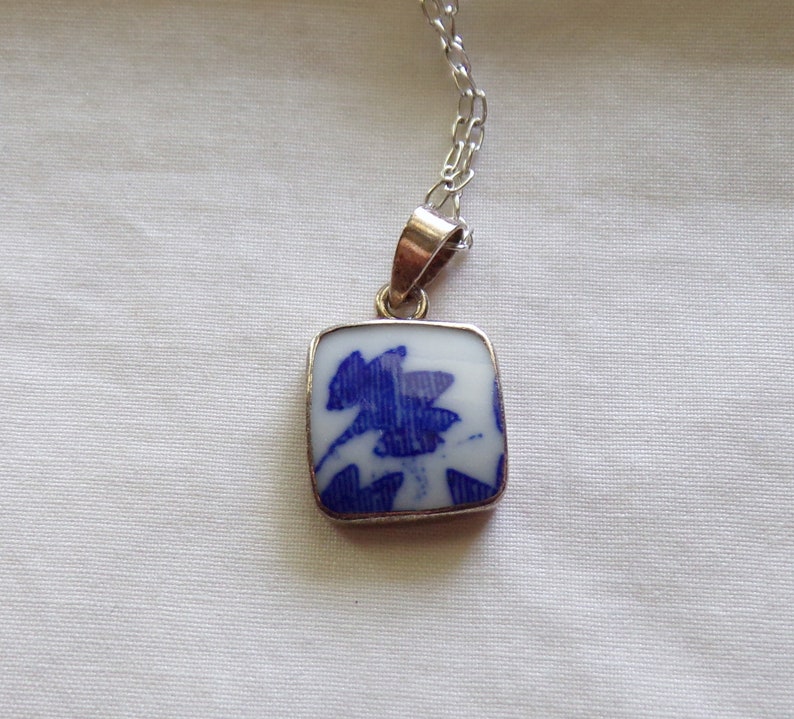 Vintage Blue Porcelain Broken China Pendant Necklace