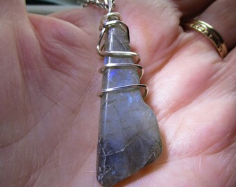 Natural Labradorite Crystal Wire Wrapped Pendant Necklace