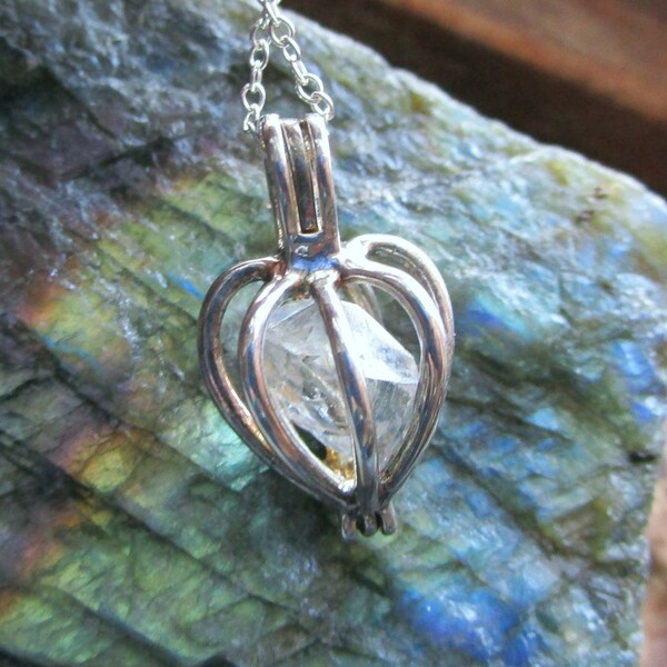 Sterling Silver Heart Cage Herkimer Diamond Pendant Necklace