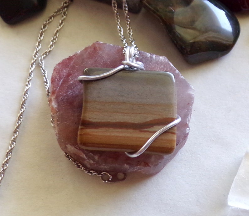 Owyhee Picture Jasper Natural Stone Wire Wrapped Pendant Necklace