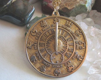 Vintage Tortolani Gold Sundial Zodiac Pendant Necklace