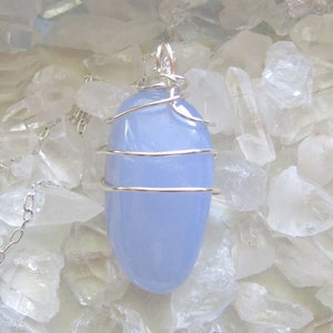Blue Chalcedony Natural Wire Wrapped Crystal Gemstone Pendant Necklace
