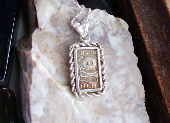 Solid .999 Silver Bar Panda Bear Pendant Necklace - image 8