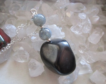 Natural Black Shungite and Labradorite Gemstone Pendant Necklace