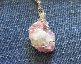 Pink Tourmaline Rubellite in Quartz Raw Natural Crystal Pendant Necklace