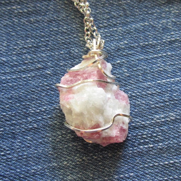 Pink Tourmaline Rubellite in Quartz Raw Natural Crystal Pendant Necklace