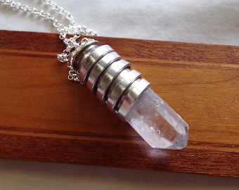 Quartz Crystal Wire Wrapped Bullet Jewelry Pendant Necklace