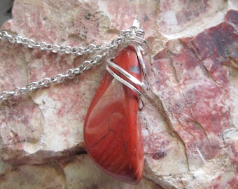 Red Jasper Natural Polished Wire Wrapped Pendant Necklace