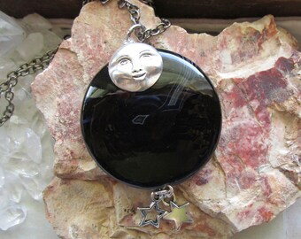 Black Onyx Stone Disc Celestial Man in the Moon Pendant Necklace