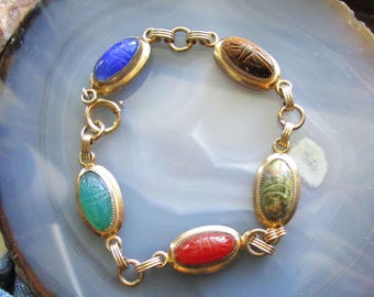 Scarab Natural Gemstone Vintage Egyptian Revival Bracelet