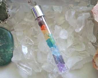 Rainbow Chakra Gemstone Crystals Glass Vial Pendant Necklace