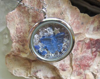 Blue Butterfly Herkimer Diamonds Floating Crystals Glass Locket Necklace