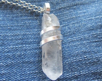 Natural Clear Quartz Crystal Druzy Point Wire Wrapped Pendant Necklace