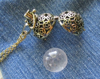 Gold Star Filigree Cage Quartz Crystal Ball Pendant Necklace