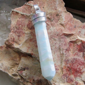 Blue Caribbean Calcite Wire Wrapped Stone Pendant Necklace