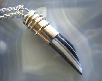 Black and White Striped Onyx Horn Bullet Jewelry Pendant Necklace