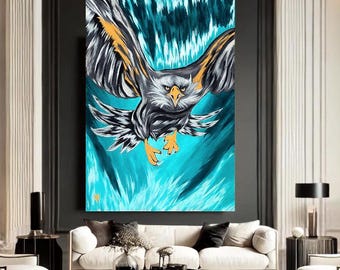 Majestic Eagle and Waterfall Wall Art – Colorful Nature Scene with Gold Accents, Luxury Canvas Print for Elegant Home Decor photo