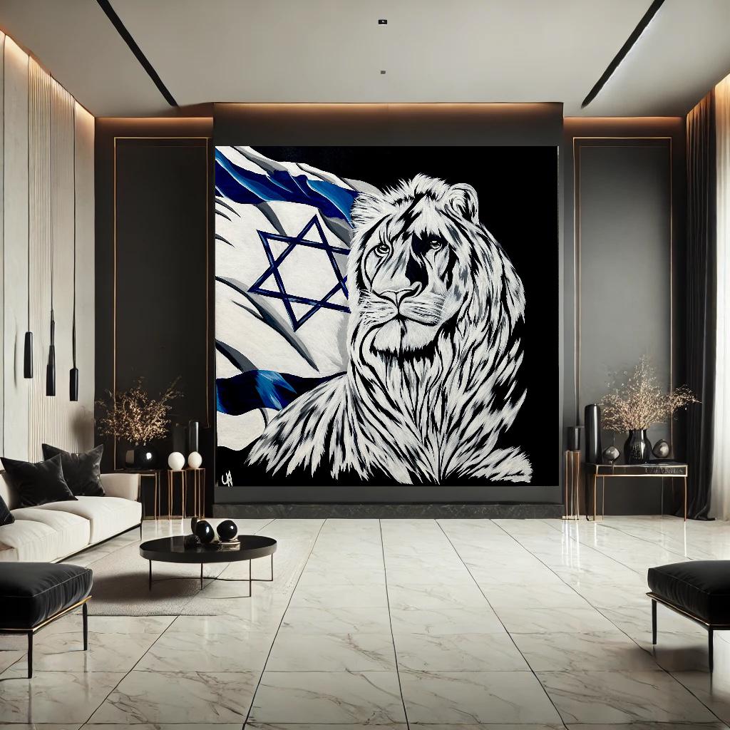 White Lion Art Print, Israel Flag Wall Art, Luxury Animal Canvas, Modern Judaica Decor, Judah Print, Zionist art, Lion Poster, Israel,Jewish