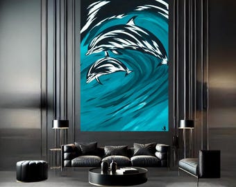 Peaceful Dolphins Wall Art – Luxury Ocean-Inspired Canvas Print for Living Room, Calming Blue Marine Decor for Modern Coastal Interiors Poto