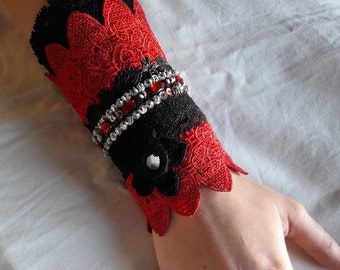 Braid cuffs, steampunk red and black braid cuffs, tribal belly dance, wrist wraps, boho buttoned cuffs, costume cuffs, cosplay braid cuff