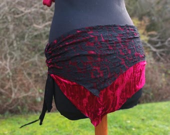 Red and Black Lace Layered Hip Scarf, Red Velour Layered Hip Skirt, Dance Hip Skirt, Red and Black  Hip Scarf, Belly Dance Hip Scarf