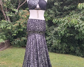 Black and Silver Animal Print Mermaid Skirt and top, Tribal Fusion Belly Dance Costume, Glam Fusion Stage Costume, Silver Fishtail Skirt