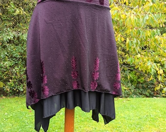 Hip skirt, dance overskirt, tribal belly dance, tribal fusion, layered boho skirt, yoga skirt, black and purple burnout skirt, goth skirt