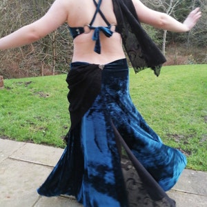 Teal velour mermaid skirt with lace, tribal fusion skirt, prom skirt, vaudeville, noir, trumpet skirt, bellydance costume, glam costume