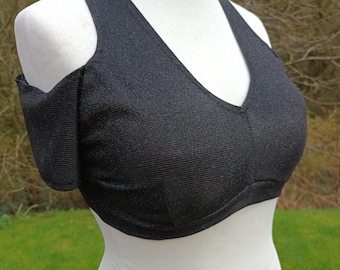 Black Glittery Choli, Stretch Belly Dance Top, Open Shoulder