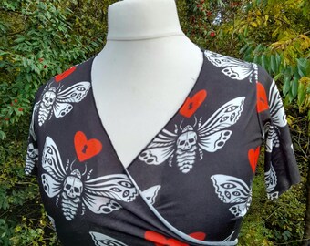 Wrapover goth moth choli, stretch jersey choli, tribal belly dance choli, tribal choli, ATS choli, crop top, moth print, short sleeved choli
