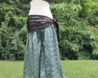 Tribal fusion pants, jade and gold harem pants, green sari belly dance pants, pantaloons, stage pants, dark fusion dance costume,