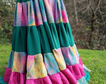 Green, Yellow and Pink Tribal Belly Dance Skirt, Green Gypsy Skirt, Tribal Belly Dance Skirt, Renaissance Faire Costume