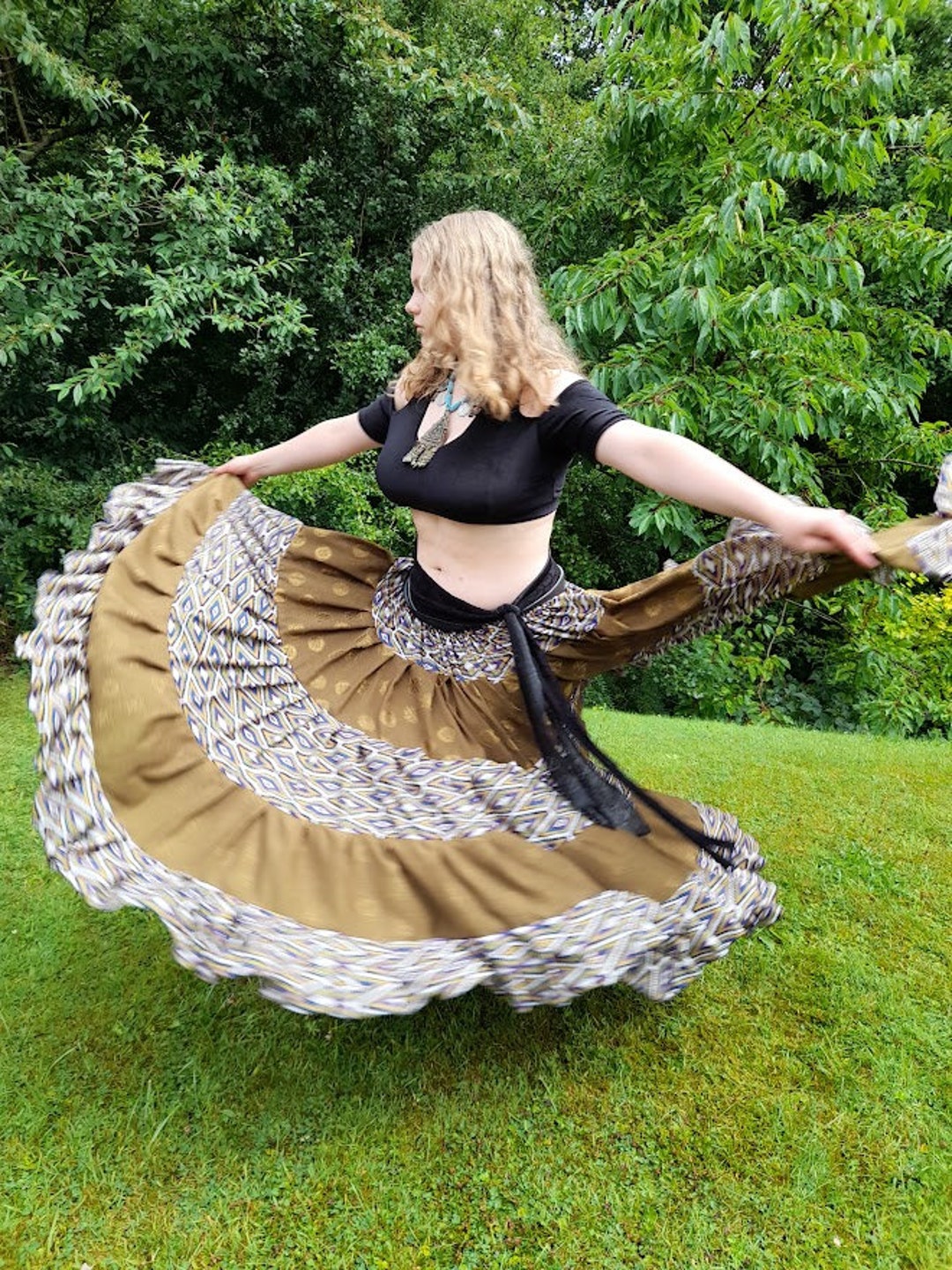 Gypsy Skirt, Tribal Belly Dance Skirt, 25 Yard Green Print Belly Dance