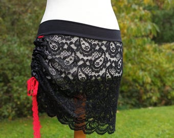 Black Lace Mini Skirt, Belly Dance Hip Scarf, Lace Overskirt, Burlesque Mini Skirt, Ruched Lace Overskirt, Black steampunk Skirt