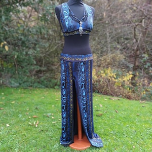 Tribal fusion costume, straight skirt and halter top, bellydance costume, tribal fusion skirt, dark fusion, glam, blue snake print skirt set