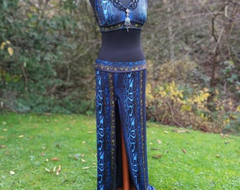 Tribal fusion costume, straight skirt and halter top, bellydance costume, tribal fusion skirt, dark fusion, glam, blue snake print skirt set