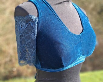 Teal Velvet Choli with lace sleeves, Stretch Belly Dance Top, Open Shoulder