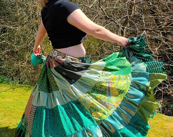 Green patchwork 25 yard skirt, tribal belly dance skirt, FCBD skirt, belly dance costume, green gypsy skirt, bohemian patchwork skirt